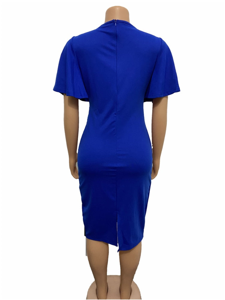 Women Elegant Dresses Bodycon Flare Sleeves Knee Length Office Ladies Modest Elastic Vestidos Wine Red Blue Package Hip Robes