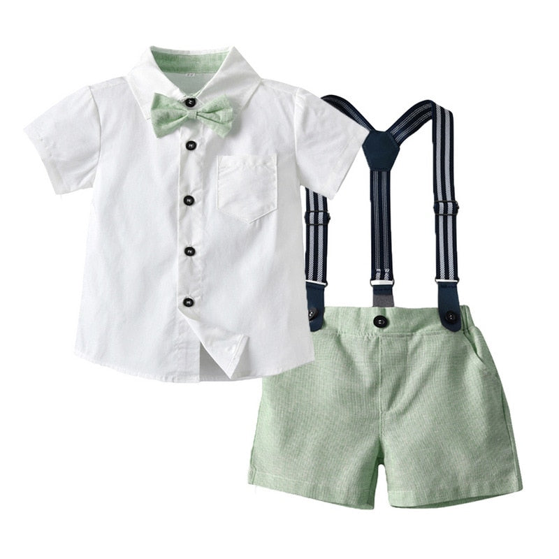 Baby Boy Gentleman Clothes Set Summer Suit For Toddler White Shirt with Bow Tie+Suspender Shorts Formal Newborn Boys Clothes