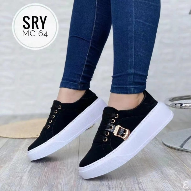 Black Sneakers Fashion Flat Buckle Lace Up Leather Outdoor Vulcanized Shoes Casual Mesh Adult Running Shoes for Women New 2023