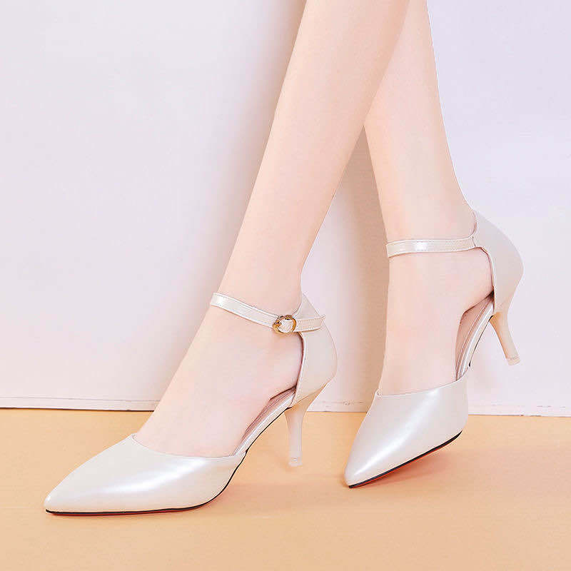 Soft Leather Women&amp;#39;s Shoes,Pointed Toe,2022 Spring New High Heels,Ankle Strap,Cover Heel,Female Footware,Big Size,BLACK,,BEIGE