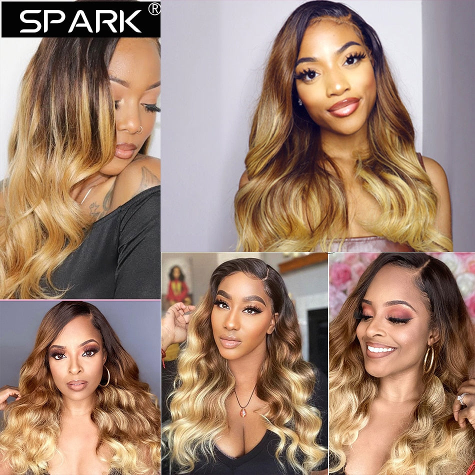 SPARK Ombre Highlight Body Wave 4x4 Lace Closure Wig 30 32Inch 180%Density Brazilian Wavy 13x4Lace Frontal Human Hair Wigs Remy
