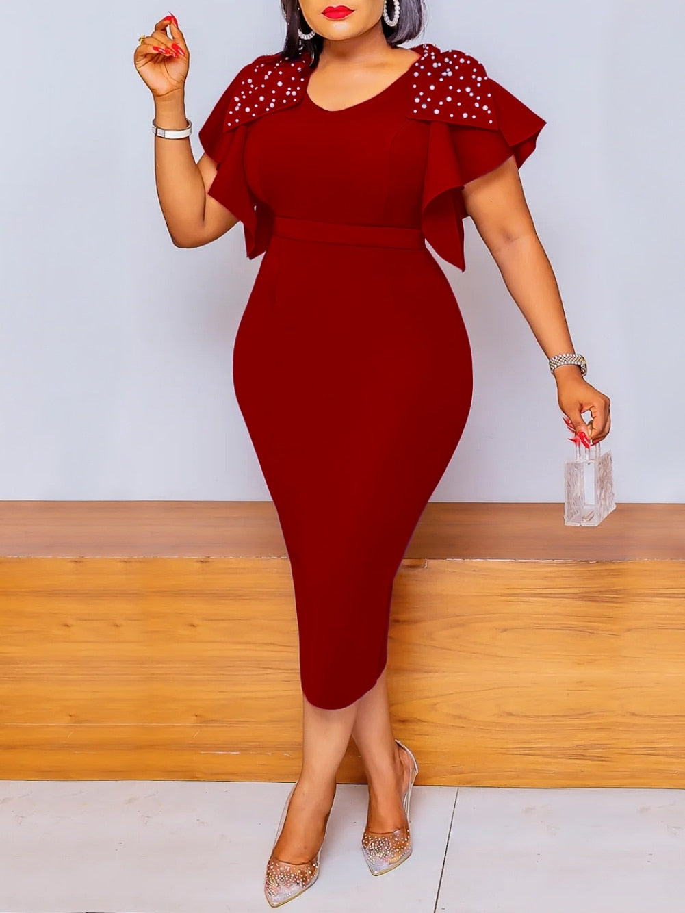 Bodycon Dresses for Women 2023 Short Ruffles Sleeves Beaded High Waist African Robes Slim Celebrate Elegant Event Pencil Gowns
