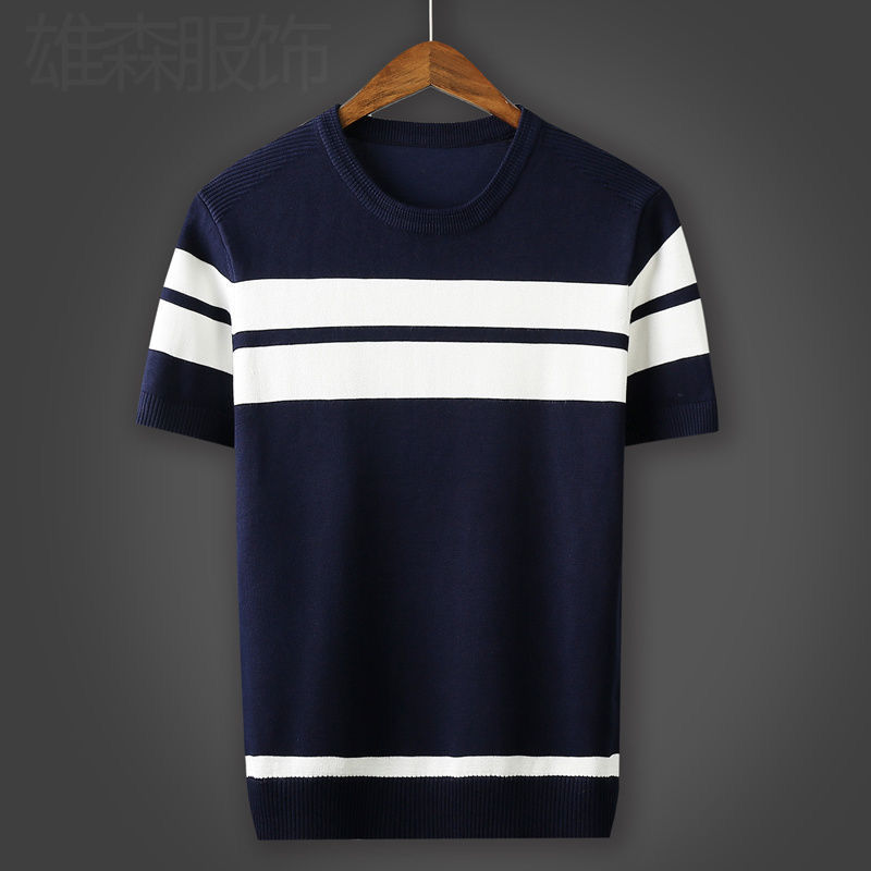 2022 Men&amp;#39;s Fashion Striped Short Sleeve Slim Fit T-shirt Top Autumn and Winter Male Casual O-neck Knitted Sweater Tees B185