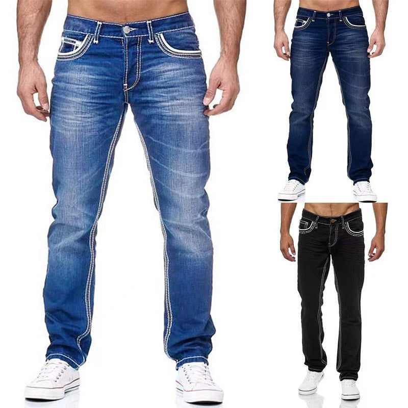 Men Jeans Solid Pockets Stretch Denim Straight Pants Spring Summer Business Casual Trousers Daily Streetwear Men&amp;#39;s Clothing