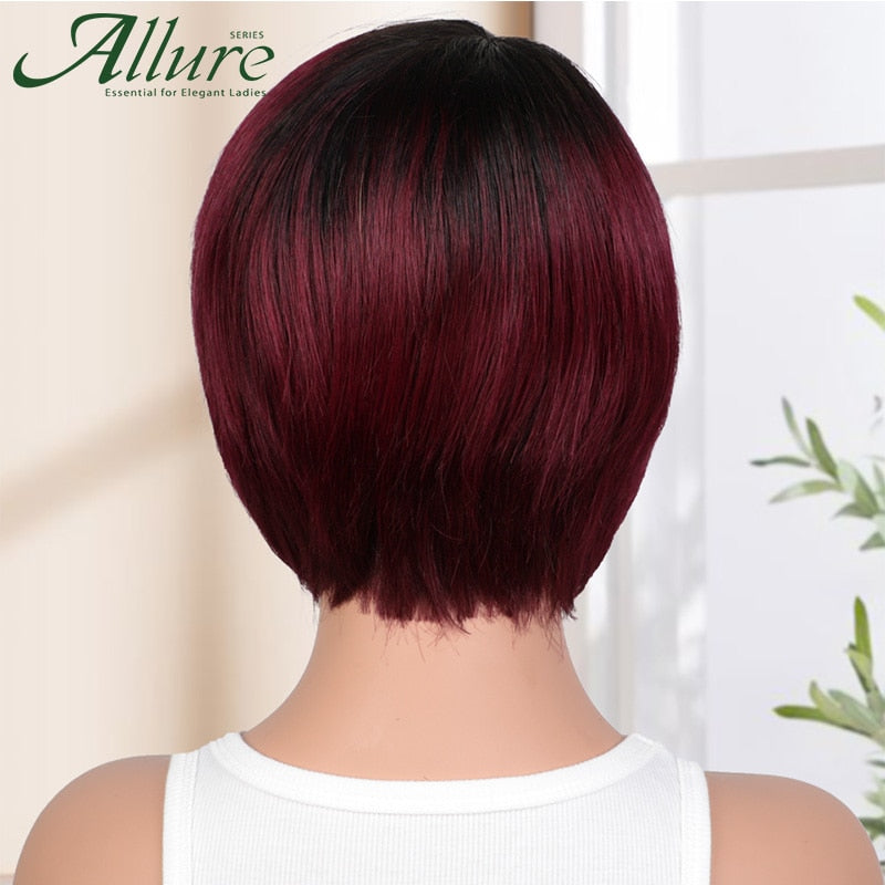 Ombre Burgundy Short Bob Wig With Bangs Side Part Bob Human Hair Wigs For Black Women Cheap Colored Brazilian Hair Wigs Allure