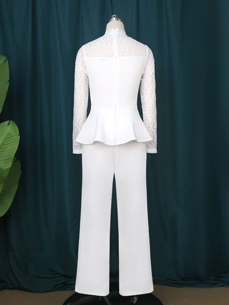Women White Lace Jumpsuits Patchwork See Through High Waist Peplum Long Sleeves Elegant Office Ladies Fashion One Piece Autumn