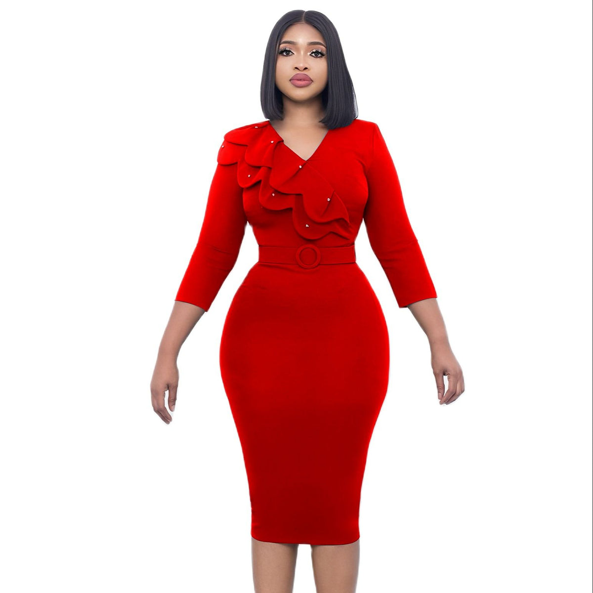 Autumn And Winter Fashion Dress Women&amp;#39;s Solid V-Neck Long Sleeve Pencil Dress Elegant Commuter Fitted Dress