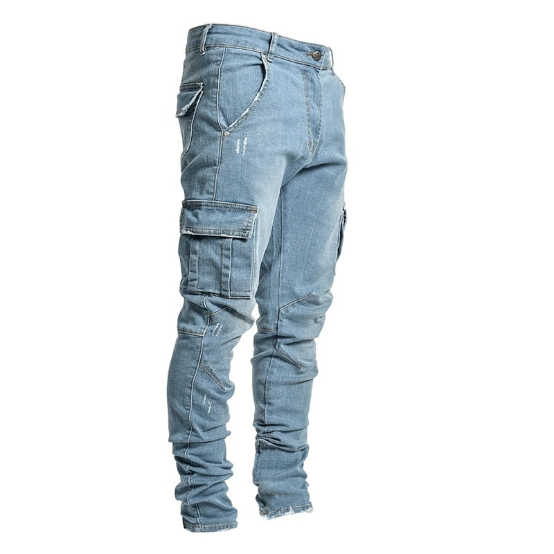 Jeans Men Pants Casual Cotton Denim Trousers Multi Pocket Cargo Jeans Men New Fashion Denim Pencil Pants Side Pockets Cargo