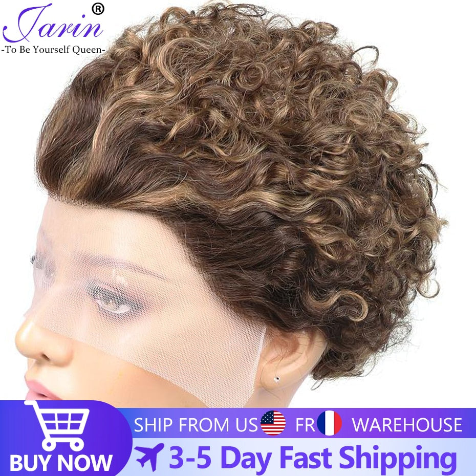 Brown Pixie Cut Wig Short Curly Human Hair Wigs Cheap Human Hair Wig 13X1 Transparent Lace Wig For Women Human Hair Pre Plucked