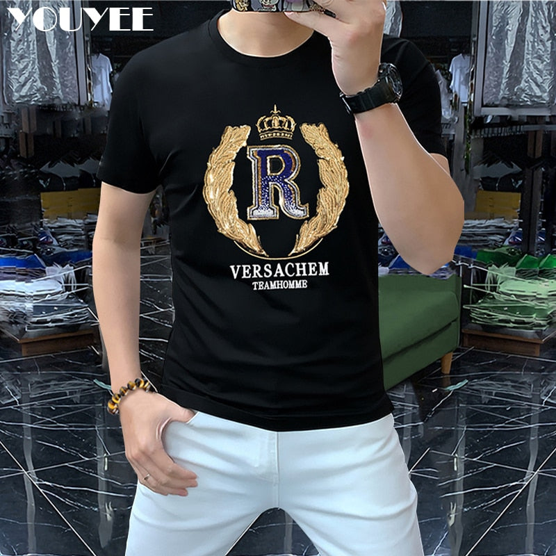 T-shirt Men&amp;#39;s 2022 New Summer Short Sleeve Letter Crown Sequin Embroidery O-Neck Slim Red Top Luxurious Trend Party Man Clothing