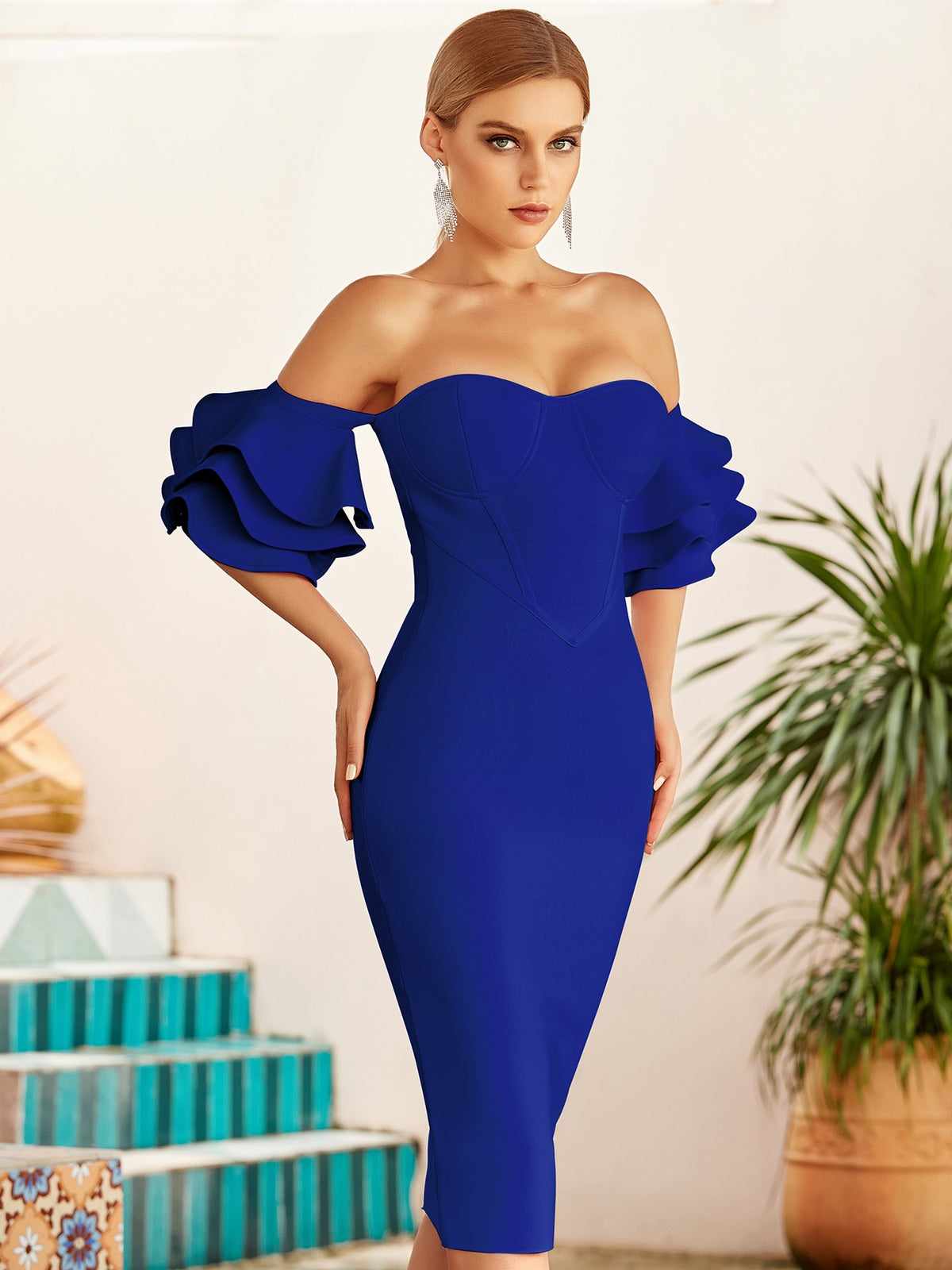 Adyce 2023 New Summer Women Blue Off Shoulder Bodycon Bandage Dress Sexy Butterfly Short Sleeve Hot Celebrity Runway Party Dress