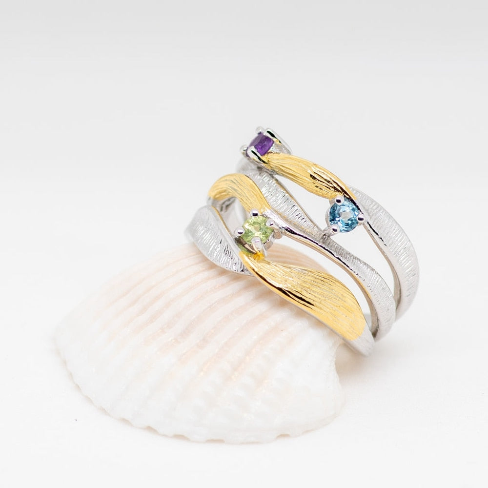 GEM&amp;#39;S BALLET 925 Sterling Silver Handmade Band Twist Rings Natural Peridot Amethyst Topaz Gemstones Ring for Women Bijoux