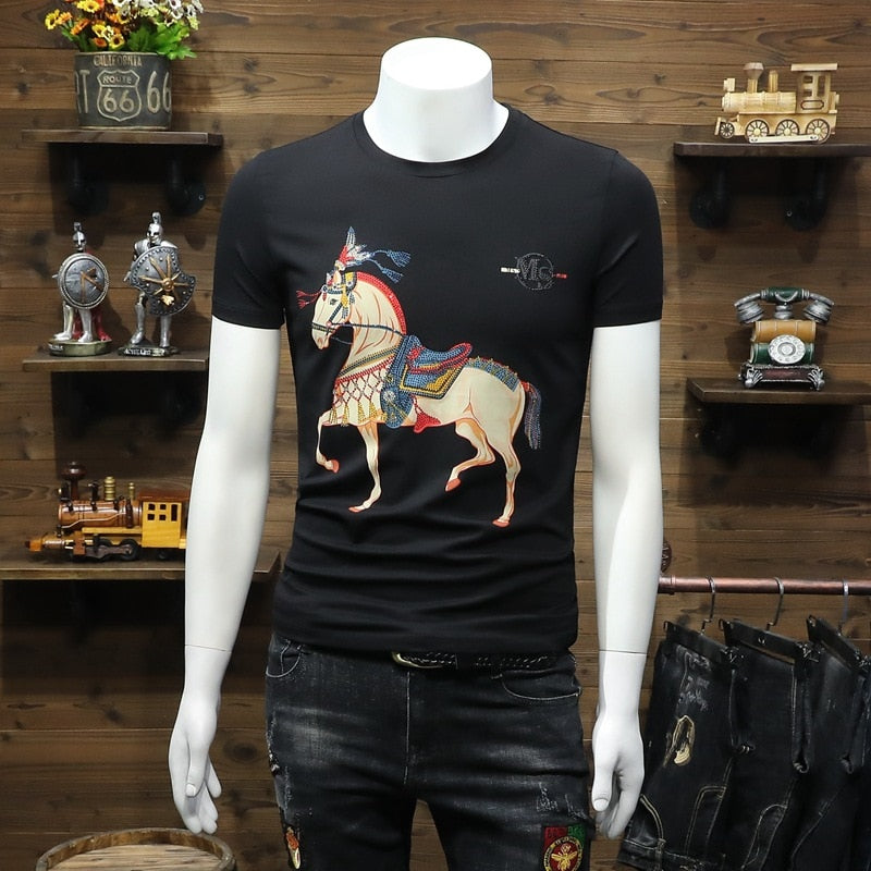 2022 Horse Rhinestones T Shirt for Men Summer Clothes Fashion Streetwear Animal Printed O Neck Short Sleeve T-shirt Slim Fit Man