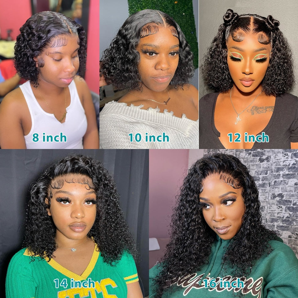 Bob Lace Wig Black Curly For Women Deep Water Curly Wave Human Hair Wigs 100% Remy Natural Hair Short Lace Frontal T Part Wig