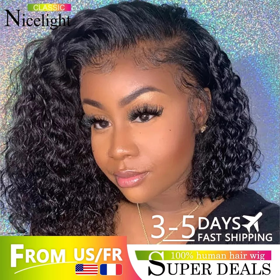 Nicelight Brazilian Water Wave Lace Front Wigs Remy Pre-Plucked Curly Lace Frontal Wigs Human Hair Wet And Wavy Short Bob Wigs
