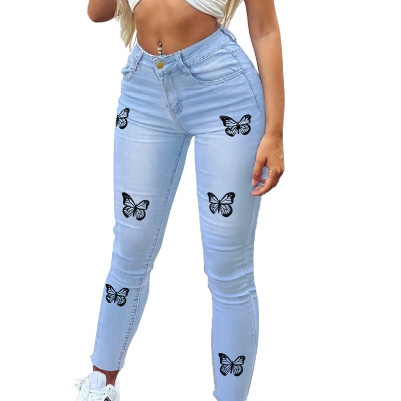 TRENDYLADY Oversized Butterfly Embroidered Ripped Jeans Zipper Fly Women Mid Waist Pencil Pants Casual Big Size Tunic Trousers