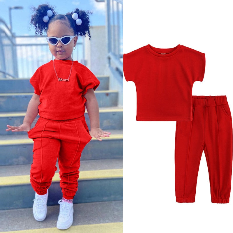 Fashion Kids Little Girls Clothing 2 Pieces Sets Cotton Solid Casual T-shirt+Elastic Waist Pants Young Children Outfits 1-6Y