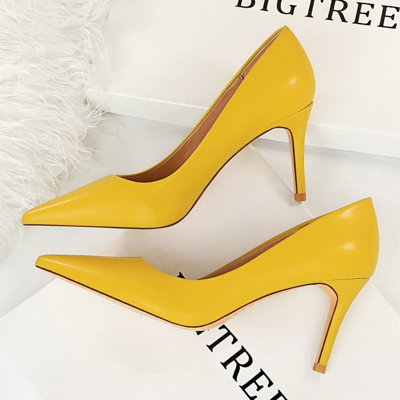 2022 Elegant Women 7.5cm Thin High Heels Party Pumps Pu Leather White Yellow Nude Heels Pumps Bridal Pumps Office Ladies Shoes
