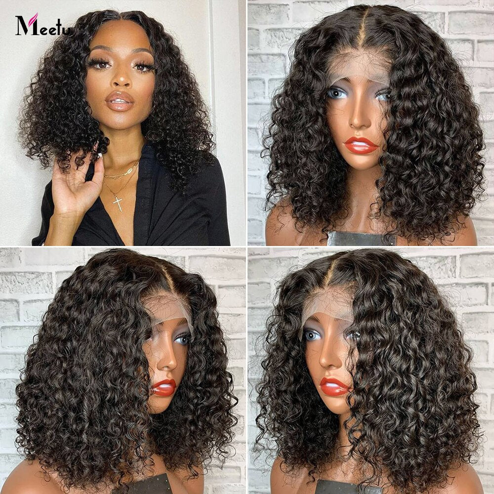 Meetu Short Bob Wig Curly Human Hair Wig 13x4 Transparent Lace Frontal Wig Glueless 4x4 Lace Wigs For Women Middle Part Style