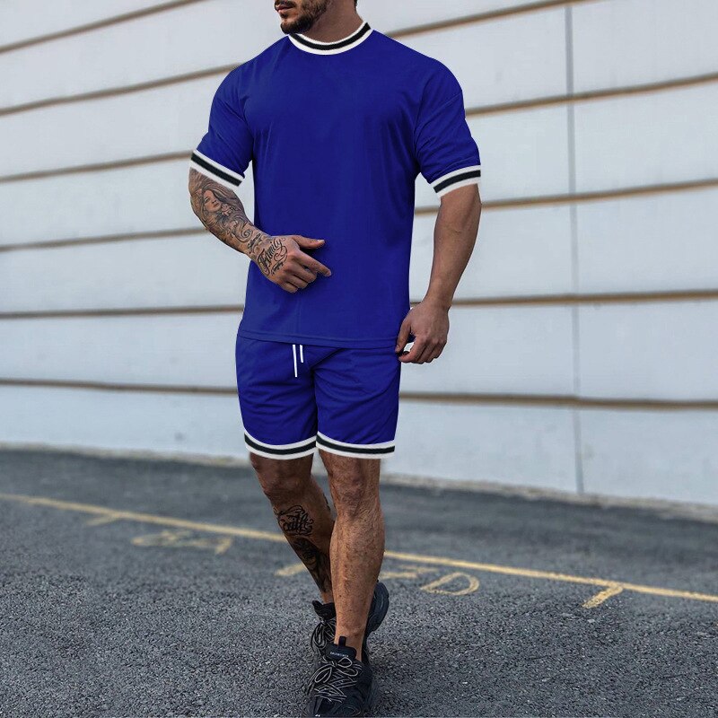 Summer Men&amp;#39;s New Solid Color Round Neck Top Shorts Suit Male Fashion Sports T-shirt Casual Set