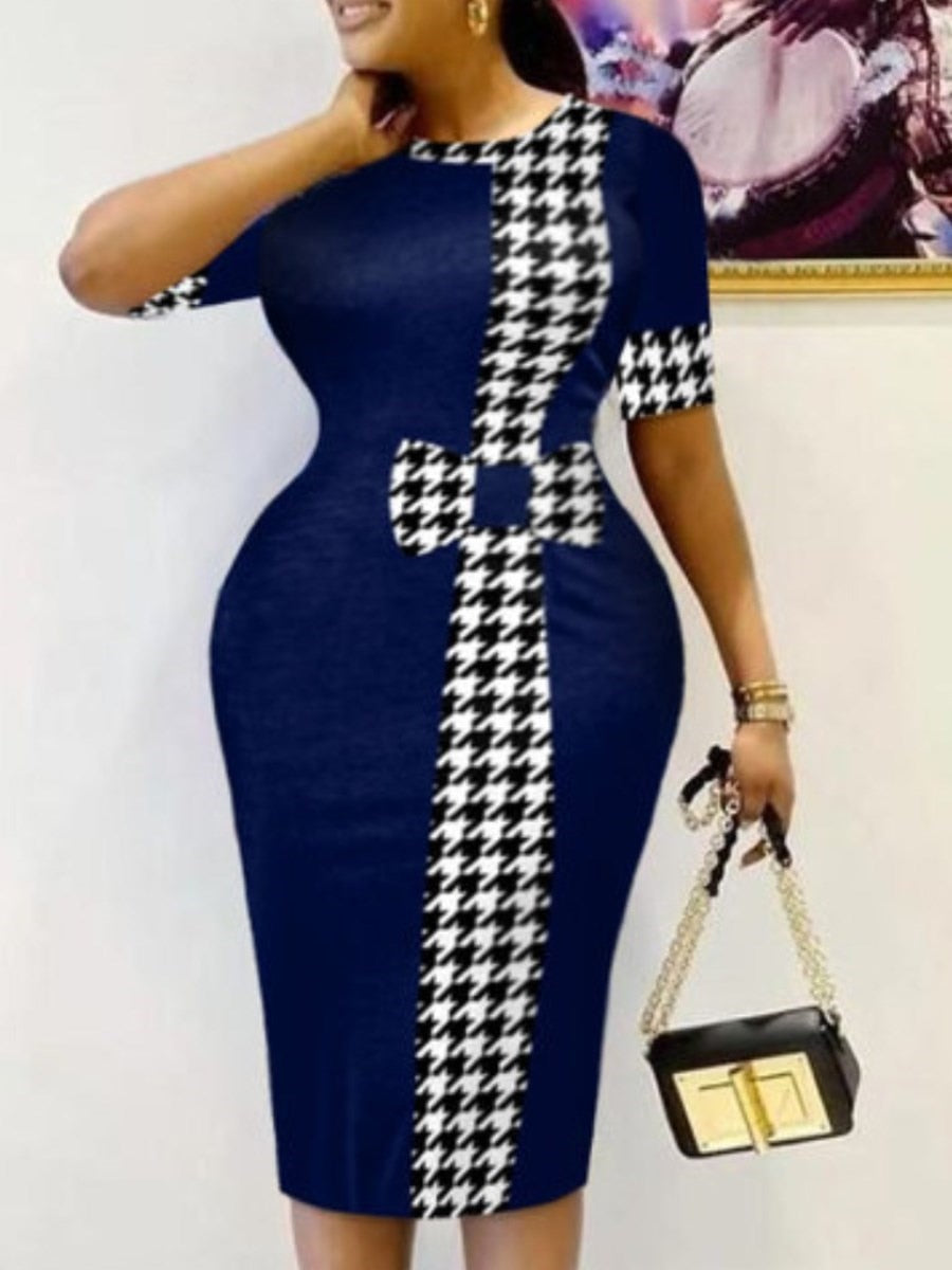 LW Houndstooth Plaid Checkerboard Print Round Neck Short Sleeve Knee Length Blue Office Lady Elegant Bodycon Pencil Dress