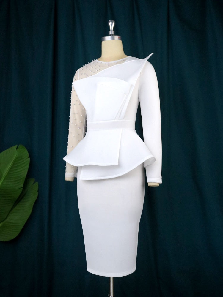 Women White Party Dress Sexy Long Sleeve Beading Mesh Patchwork Peplum Elegant Knee Length Christmas Event Evening African Gowns