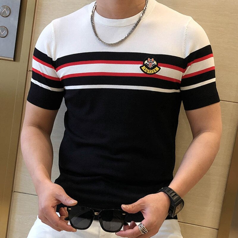 Summer Patchwork Color Slim Fit Knitted T Shirt Men O-Neck Stretched Tee Shirt Homme 2022 Streetwear Fashion Men Casual T-Shirt