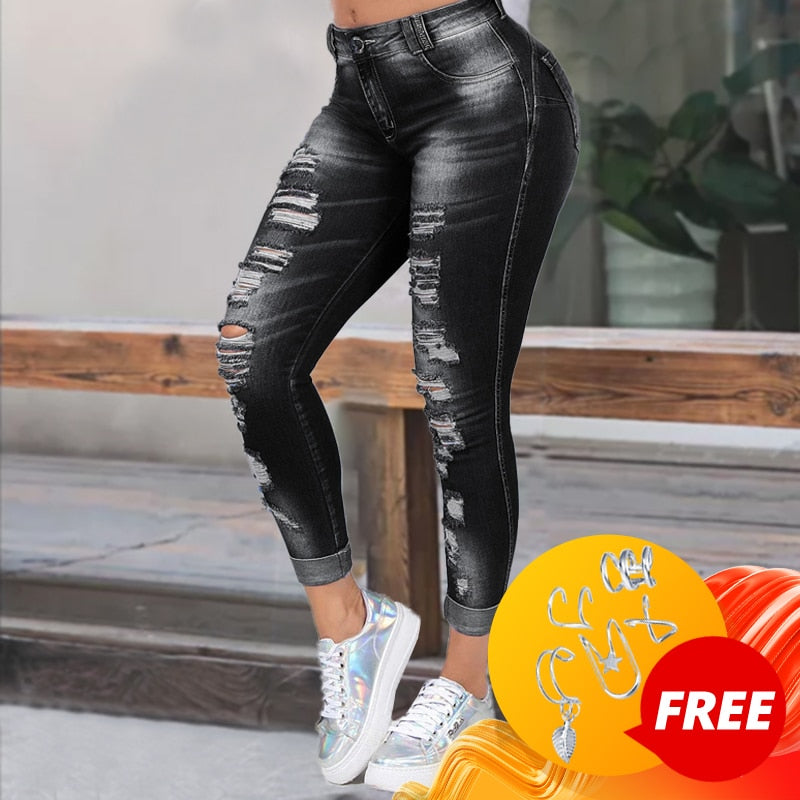 High Waist Skinny Ripped Jeans Women 2020 Fashion Trousers Washed Denim Jeans Hollow Hole Bleached Pencil Pants Plus Size S-6XL