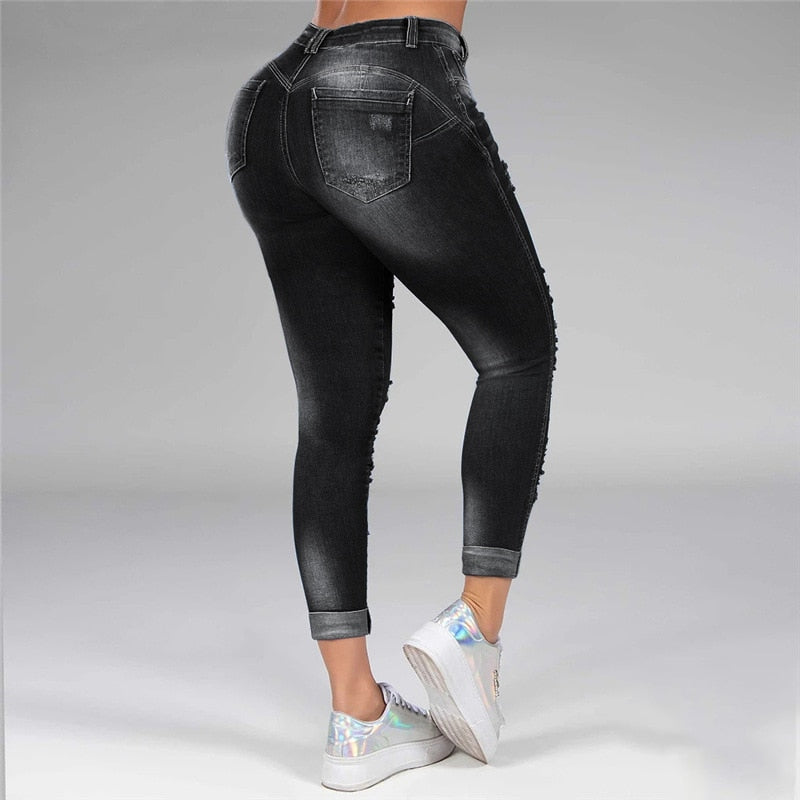 Washed Ripped Jeans Women S-5XL Korean High Waist Trousers Skinny Denim Jeans Black Blue Hollow Bleached Pencil Pants 2022