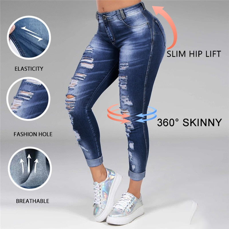 Washed Ripped Jeans Women S-5XL Korean High Waist Trousers Skinny Denim Jeans Black Blue Hollow Bleached Pencil Pants 2022