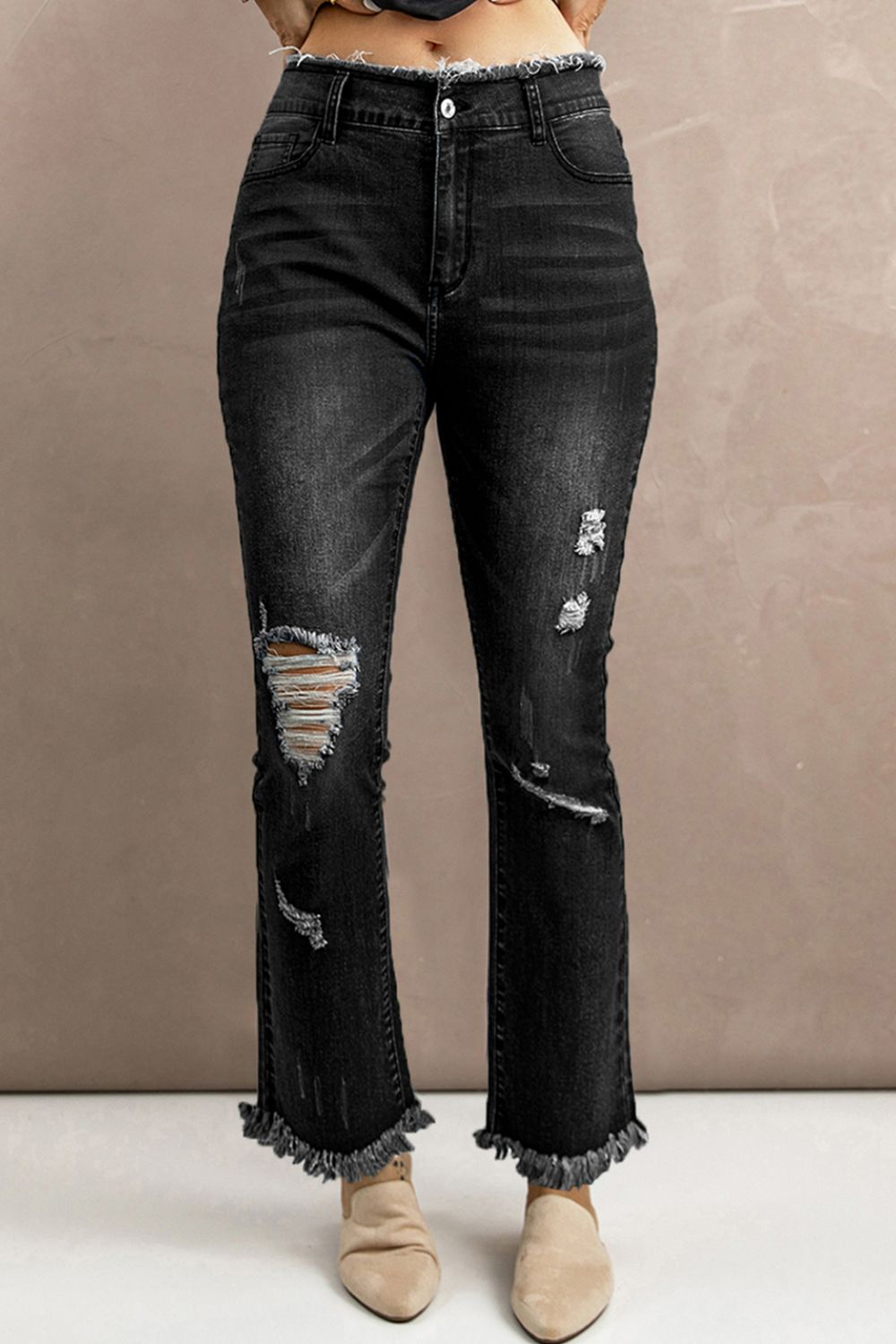 High Waist Distressed Raw Hem Jeans - Women &amp; Men Fashion Store | JL Fashion Store