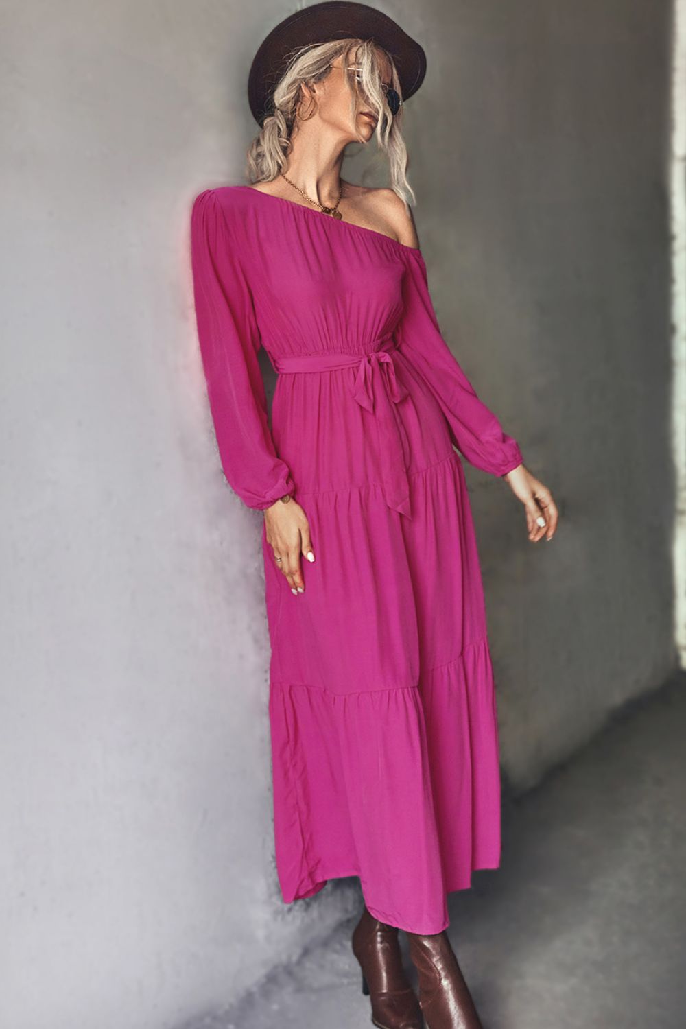 Belted One-Shoulder Tiered Maxi Dress - Women &amp; Men Fashion Store | JL Fashion Store