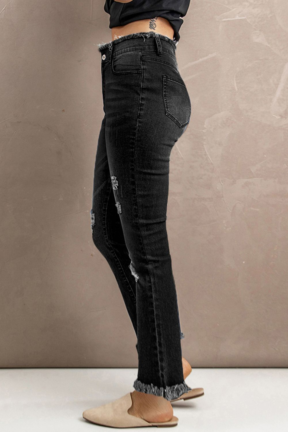High Waist Distressed Raw Hem Jeans - Women &amp; Men Fashion Store | JL Fashion Store