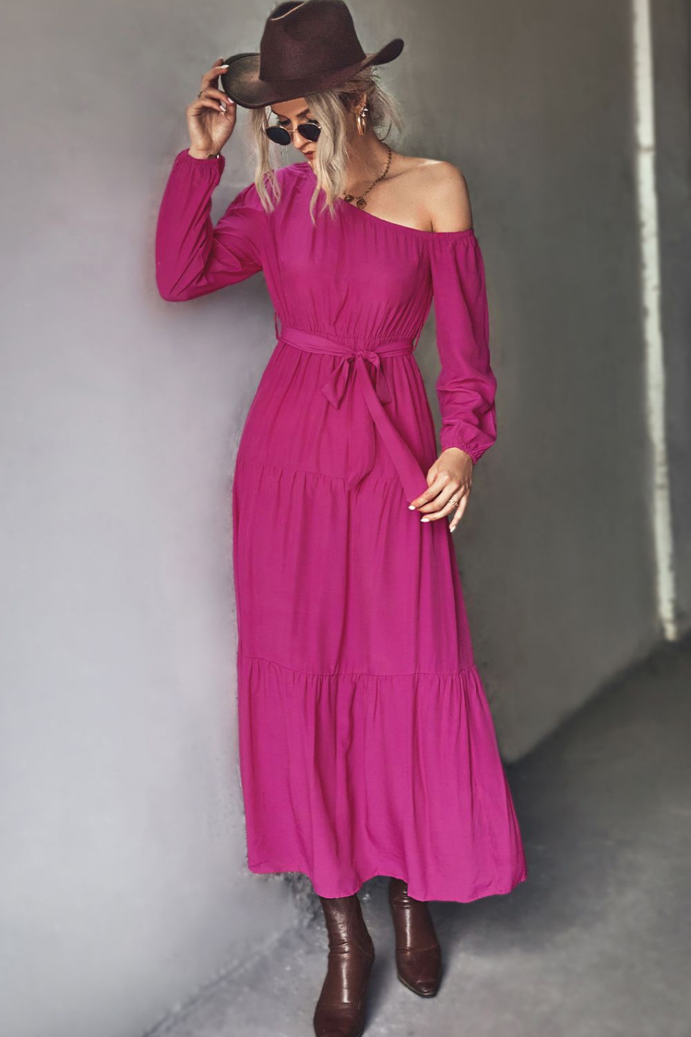 Belted One-Shoulder Tiered Maxi Dress - Women &amp; Men Fashion Store | JL Fashion Store