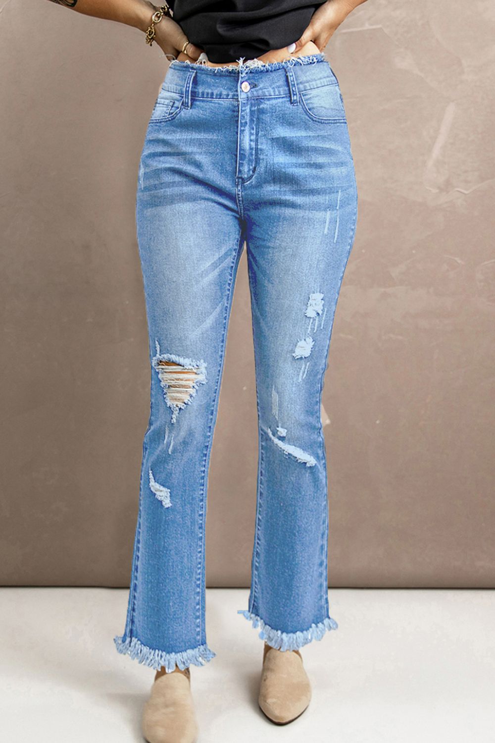 High Waist Distressed Raw Hem Jeans - Women & Men Fashion Store | JL Fashion Store